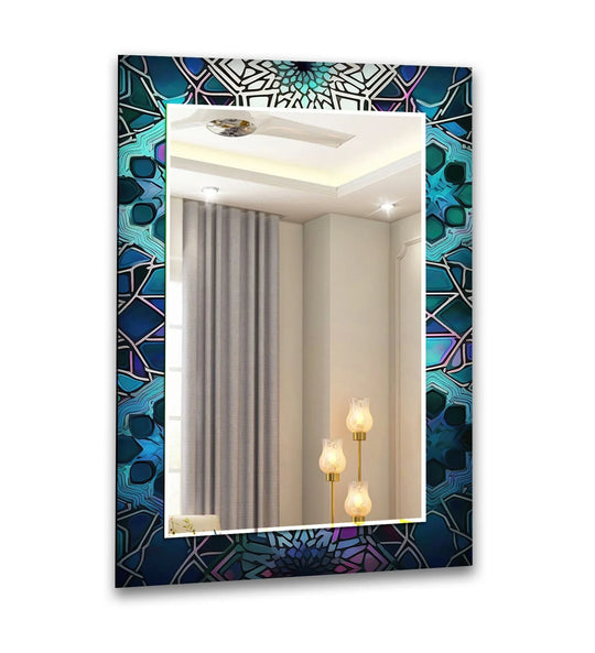 The abstract wall mirror features a dark blue design and stained glass effect and is bold wall decor and modern mirror art for the contemporary home.