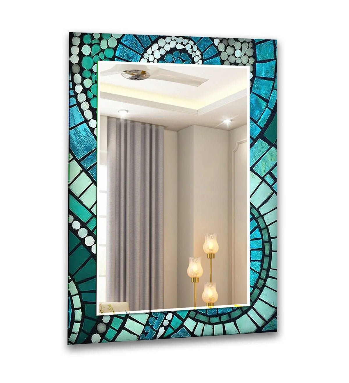 Subtle depth and layers are created in this green and blue mosaic wall mirror through reflection, making it ideal for decorating with wall mirrors.