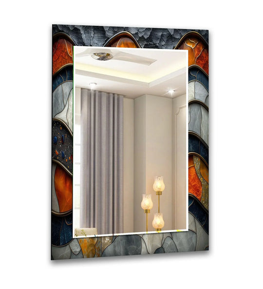 A vertical marble effect orange blue and gray abstract wall mirror with a unique frame and tempered glass reflecting a room