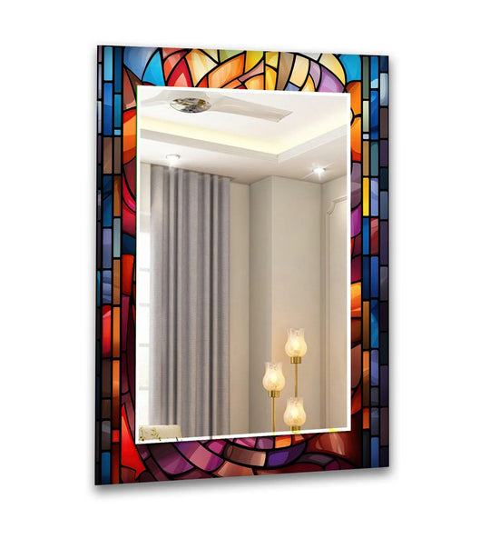 This stained glass wall mirror features a blue and orange stained pattern and is a versatile wall mirror for wall decor and stylish glass art wall decor in living rooms