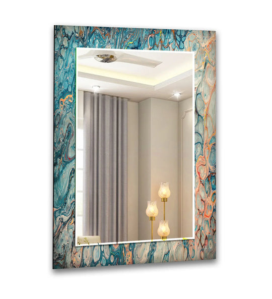 A large wall mirror featuring a blue marbling pattern and hints of orange and white on tempered glass an elegant home decor abstract wall mirror