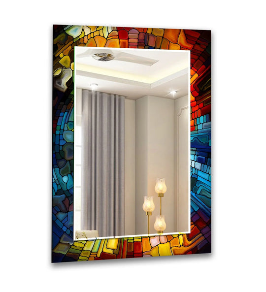 The large wall mirror has a colorful mosaic stones motif and it is a stained glass mirror that is vibrant decor for sitting room and home decor