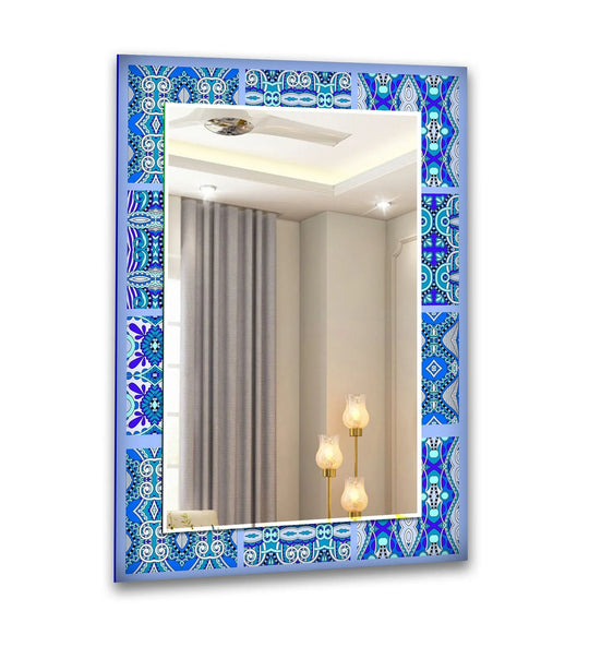 Highlighting the realistic detail, the ethnic blue mosaic design of this framed wall mirror creates a striking and vibrant visual effect, adding a decorative accent.