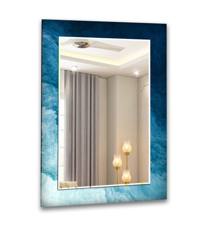 Ocean Blue Wave Glass Wall Mirror – Coastal Abstract Bathroom Decor