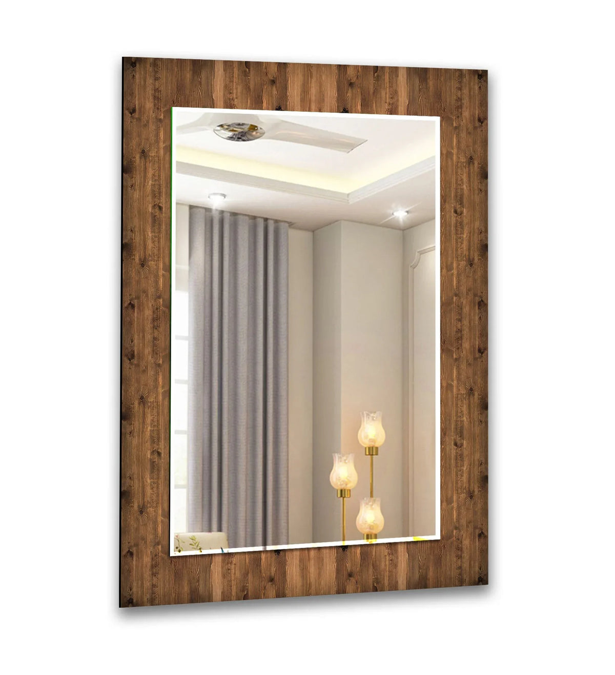 The organic forms of the wood grain frame this Brown Wood Pattern Wall Mirror, highlighting its rustic appeal as a distinctive decorative mirror.