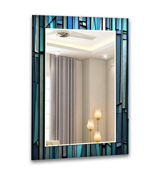 The wall mirror features a blue stained 3D design and is a stained glass mirror art perfect for modern home decor with its vibrant UV prints