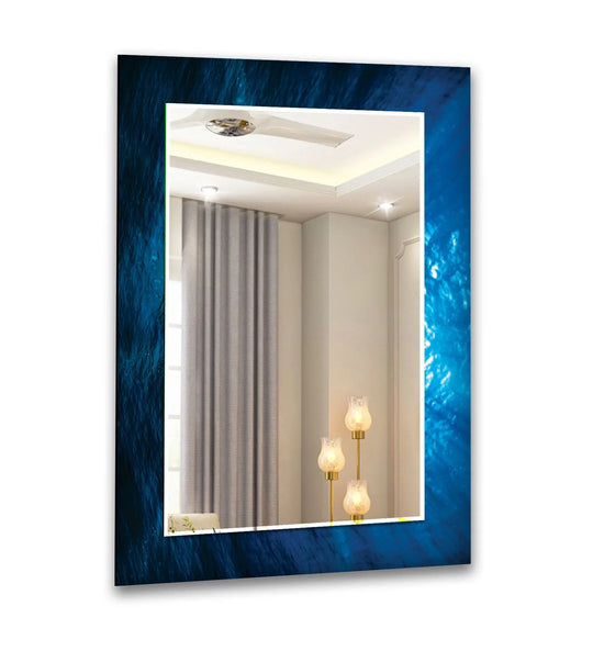 Large Wall Mirrors with a deep sea appearance blue textured frame reflecting a room with a ceiling fan and curtains and floor lamps