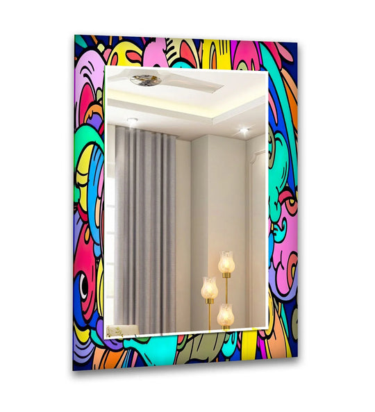 Vibrant color saturation enhances the colorful pop art design of this modern wall mirrors, making it a striking and reflective statement piece.