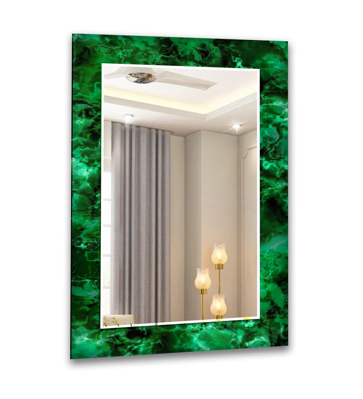 Green-hued abstract detailing adorns the edge of this decorative mirror, adding an artistic flair to this black and green abstract wall mirror.