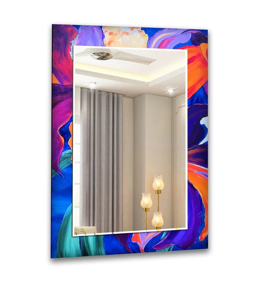 Purple Orange Flower wall mirror with abstract vibrant blue purple and orange flowers reflecting a room interior