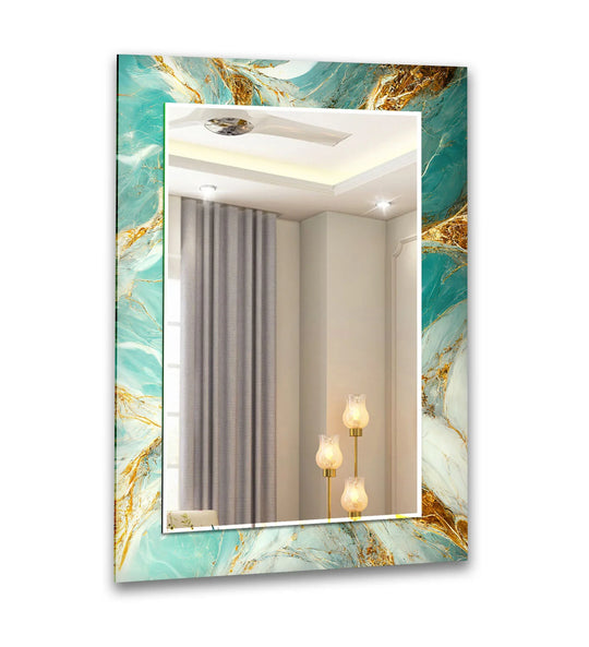 Turquoise Marble Glass Wall Mirror – Elegant Gold Accent Decor - MyPhotoStation
