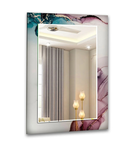 Pink Marble Design Abstract Wall Mirror with teal and pink marble designs and gold accents a vertical tempered glass artistic decor