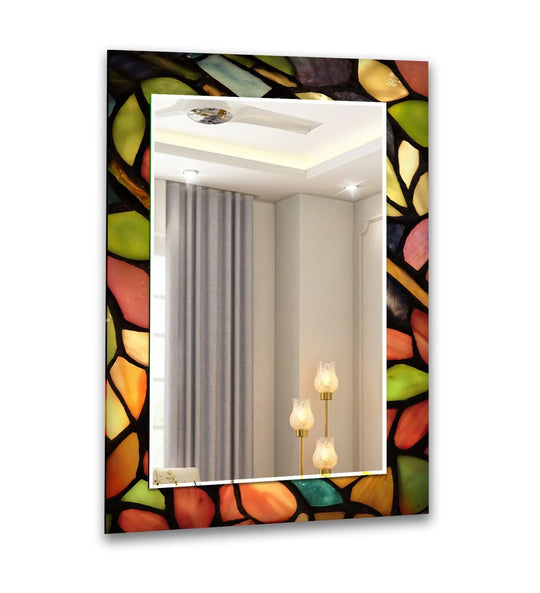 The wall mirror features green and orange leaf design and is artistic decor and a stained glass mirror with natural artistic decor