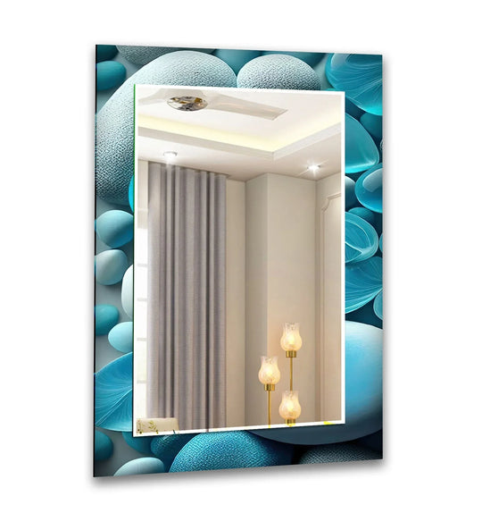 The wall mirror features a blue stones motif and is a stones blue wall mirror and natural artistic decor and stained glass mirror adding vibrant contemporary elegance