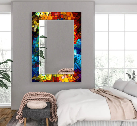 The large wall mirror shows colorful mosaic stones and is a vibrant sitting room decor piece and stained glass mirror for premium home decor and unique tempered glass art