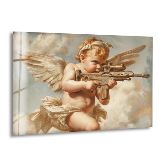 A cherub with a rifle on this best glass art creates a surprisingly dark and powerful mood.