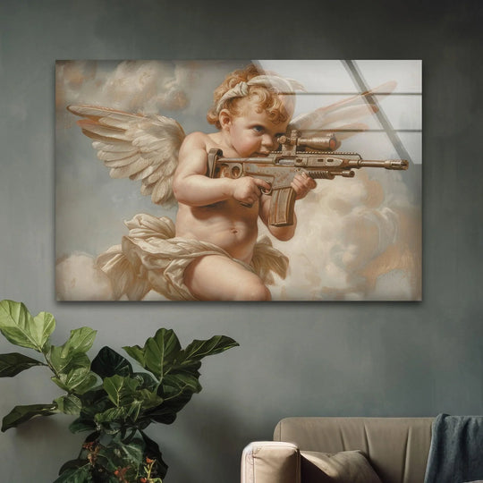 A baby angel aims a rifle in this unique glass wall art, a striking piece of decorative wall art.