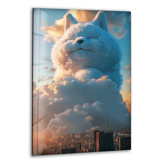 A fluffy, serene white cat emerges from abstract ethereal clouds, creating a surreal glass wall art decor with dreamy hues.
