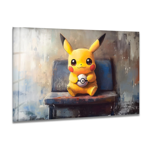 The stillness of the moment captured in this cute yellow creature art holding a ball, showcasing modern glass wall art decor.