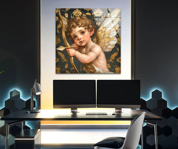 Gold Baby Eros Glass Wall Art large glass photo prints, glass wall photos
