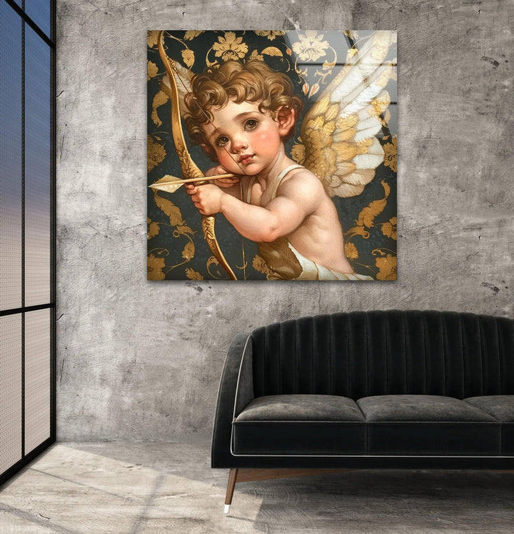 Gold Baby Eros Glass Wall Art custom glass photo prints, large glass prints
