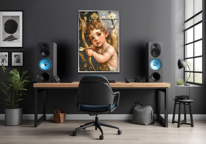 Gold Baby Eros Glass Wall Art print on glass, glass printed photos
