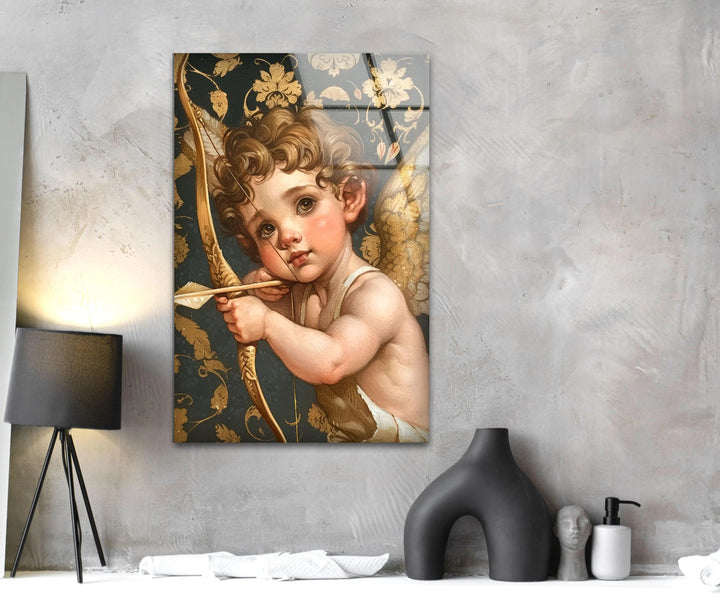 Gold Baby Eros Glass Wall Art custom glass pictures, glass art prints
