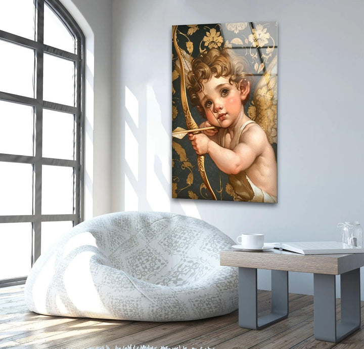 Gold Baby Eros Glass Wall Art picture on glass wall art, photos printed on glass
