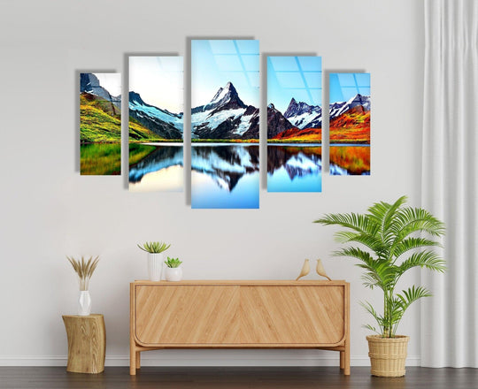 This glossy Bachalpsee Lake and Swiss Alps five piece glass wall art features a mountain landscape reflection and makes a unique multi panel mountains glass artwork for any wall on a white wall