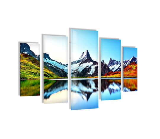 This glossy five piece glass wall art shows the Bachalpsee Lake and Swiss Alps landscape and reflects the mountain scenery in vivid colors and natural light