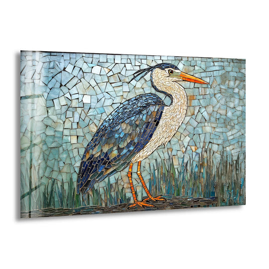 Mosaic majesty blue heron glass wall art decor, with light glinting off glass tiles and shadows defining the textured heron.