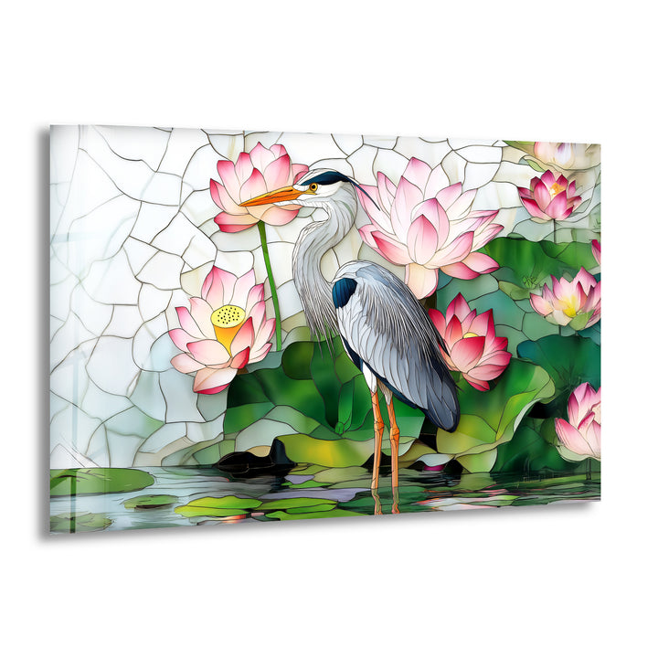 Lotus Serenity – Reiher &amp; rosa Seerosen Glaswandkunst
