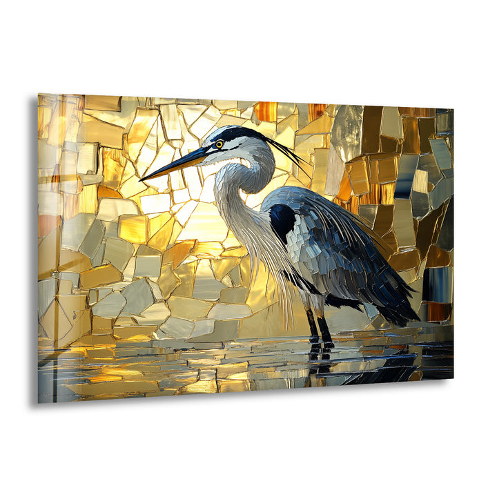 Goldenes Licht – Reiher in Mosaik-Leuchtglas-Wandkunst