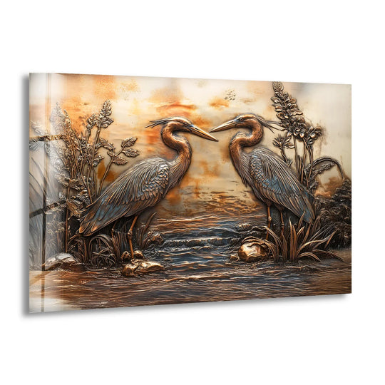 Two bronze herons face each other by dark, rippling water and reeds, a scene from decorative wall art.