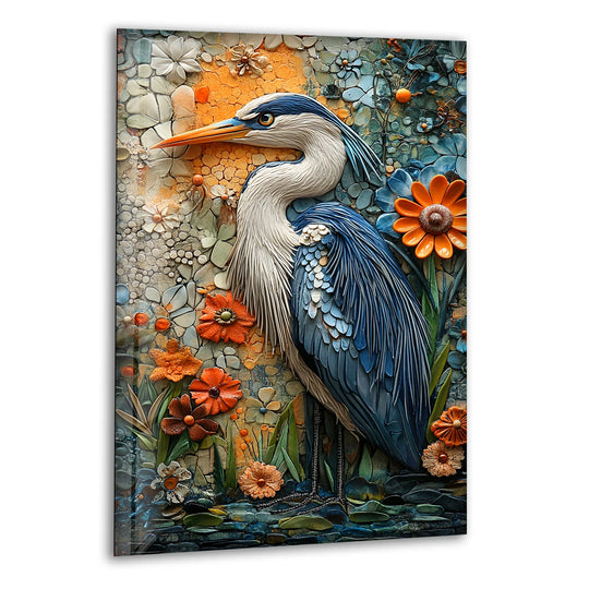 Garden Sentinel – Textured Floral Heron Glass Wall Art - MyPhotoStation
