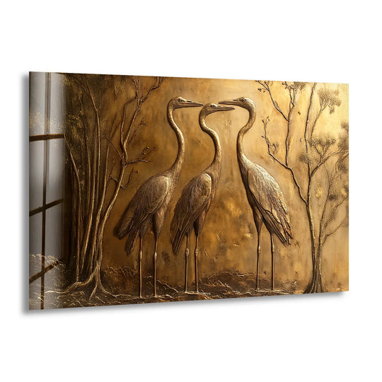 Bronze cranes with flowing organic forms form a timeless trio in this glass wall art decor.