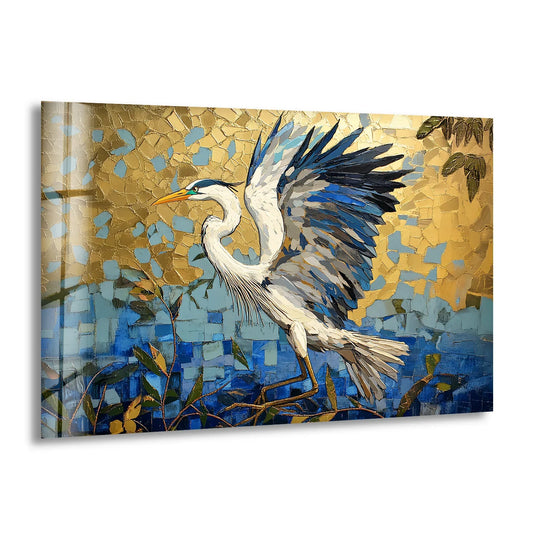 A majestic heron pauses mid-flight against a mosaic of gold and sapphire blue, captured in stunning glass wall prints.