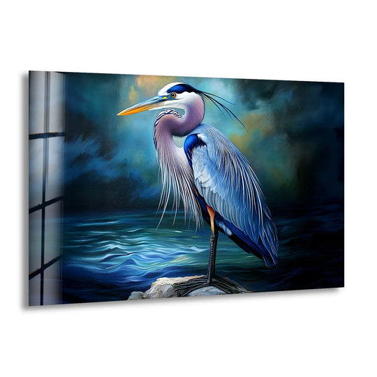 A great blue heron stands against a dramatic blue and yellow sky, embodying unique modern wall decor with striking color contrast.