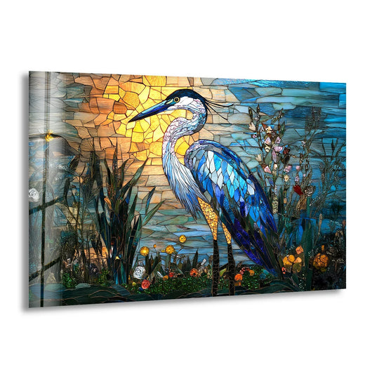 Mosaic glass wall art of a heron features geometric patterns in vibrant blues, oranges, and yellows, perfect for home decor.