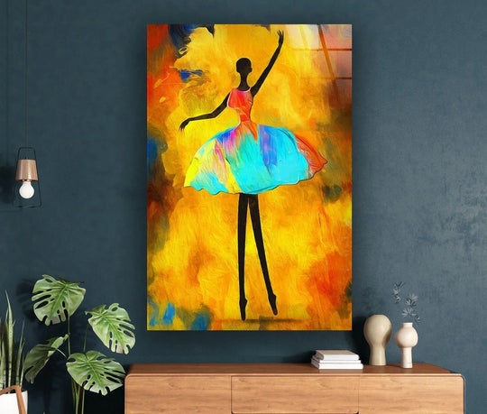 A vibrant ballerina painting with a textured brushstroke effect on glass, perfect for home decor.