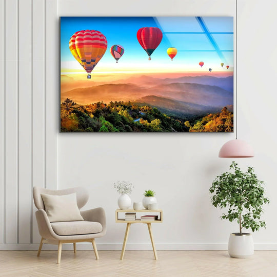 Landscape glass wall art hot air balloons over mountain sunset and balloon ride wall art plus enchanting sunset decor on a white wall