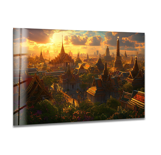 Tempered glass displays a smooth surface texture, enhancing the vivid Bangkok View city wall art prints with sharp details and vibrant colors.