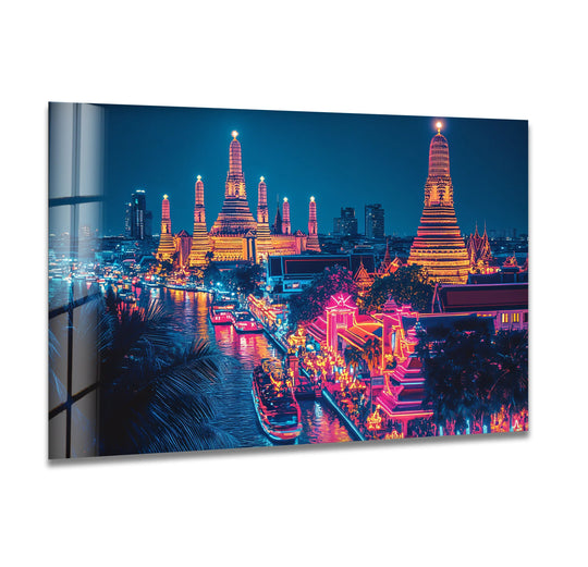Intense color saturation illuminates the Neon City Bangkok landscape glass wall art, making it a dazzling home decoration featuring vibrant neon hues and intricate architectural details.