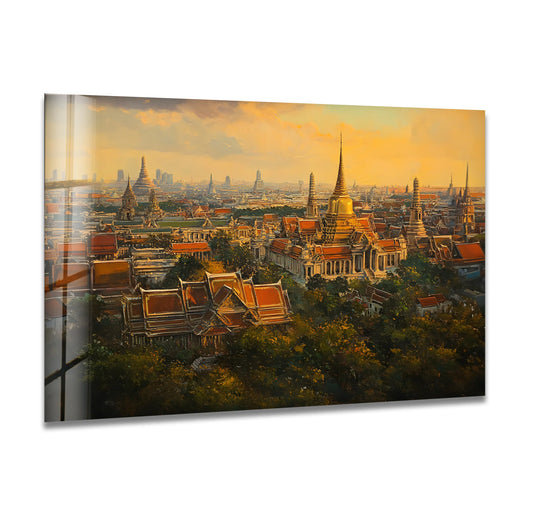 Smooth surface texture of the orange sky Bangkok landscape glass art highlights the vibrant colors and detailed cityscape through the glass art medium.