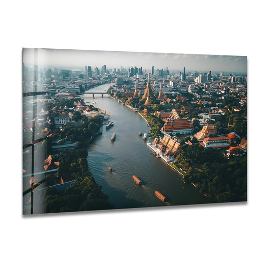 Featuring a high-gloss finish, this Bangkok Landscape glass hanging wall art showcases the city skyline with vibrant reflections and clear details.