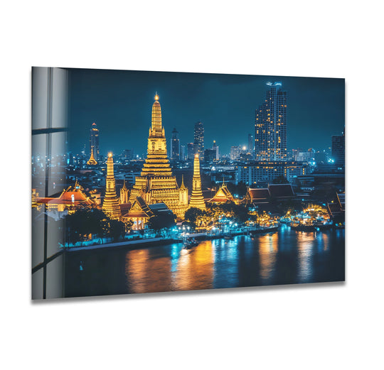 Showcasing depth and layers, this Bangkok Midnight glass wall art captures the city's skyline with stunning reflections in the river, a breathtaking art from glass.
