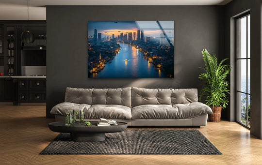 Darkest area showcases the Bangkok city skyline reflected on this stunning print wall art, offering a modern and sophisticated perspective of urban elegance.
