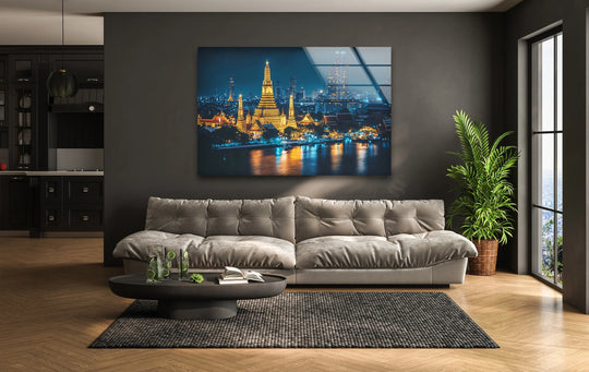 Geometric elements highlight the Bangkok Midnight glass printing wall art's reflective shapes and striking lines of the illuminated cityscape.