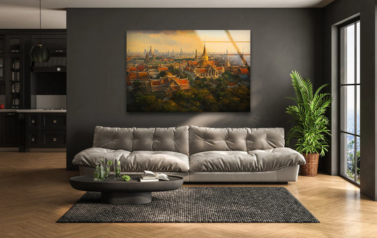 Brightest reflections highlight the golden hues in this orange sky Bangkok landscape city print wall art, showcasing a vibrant cityscape.