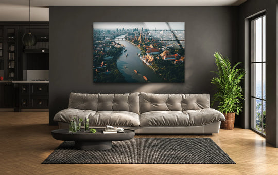 Featuring a glossy finish, the Bangkok Landscape glass wall artwork creates a vibrant city print with reflective light, highlighting the durable tempered glass and detailed cityscape.